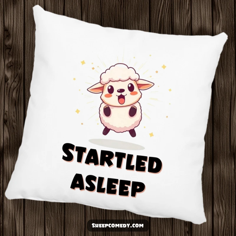 Funny pillow with a surprised sheep character recoiling from a bursting, sparkling pom-pom, offering comfort with a delightful, comical touch.