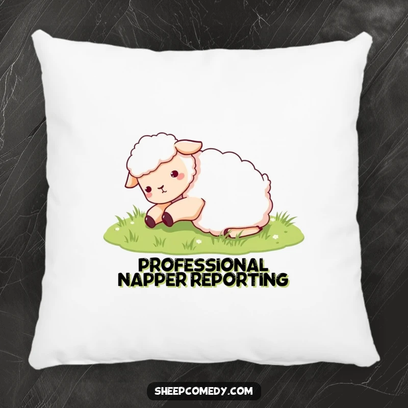 Funny Sheep Pillow: A cute sheep character indulging in a happy roll in lush green grass, offering comfort and cheer.