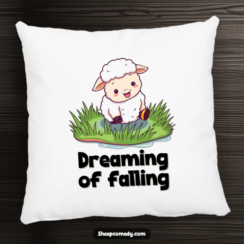 Funny Sheep Pillow showing a sheep comically slipping on a patch of wet, shiny grass, bringing cozy amusement.