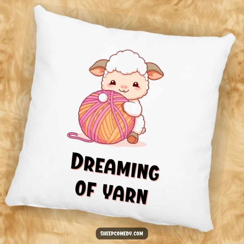 Funny Sheep Pillow: A plush pillow featuring a sheep character happily playing with a giant ball of yarn, perfect for cozy, humorous crafting vibes.
