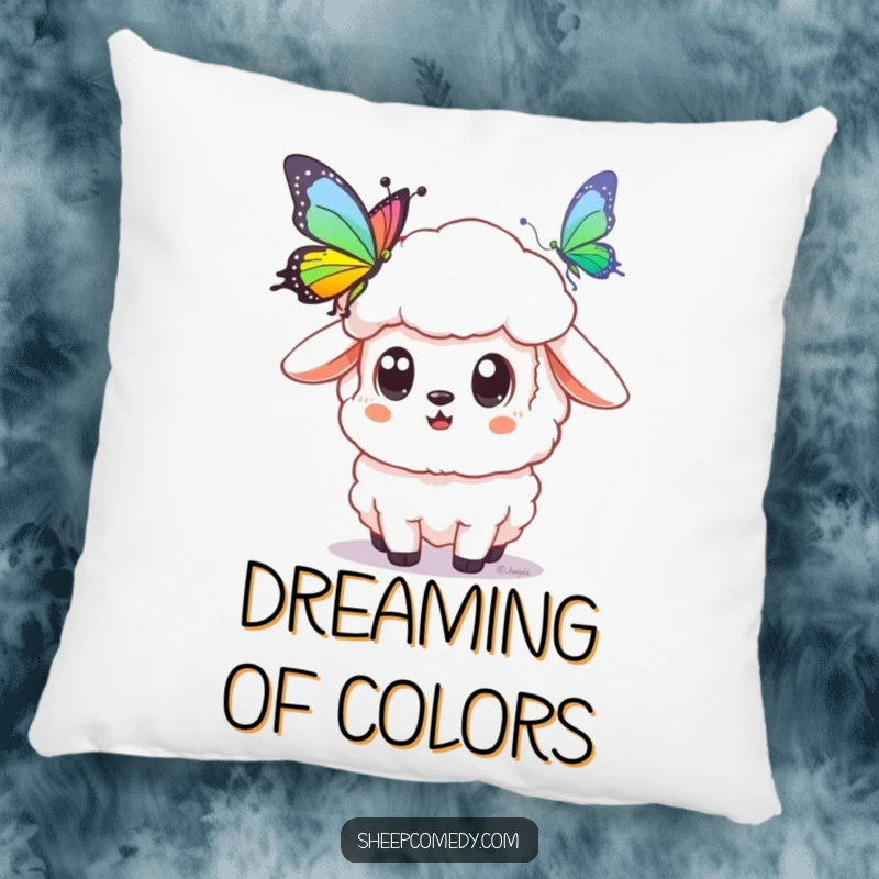 Funny sheep pillow featuring a cute sheep with surprised eyes admiring a rainbow butterfly, offering a soft and enchanting accent.