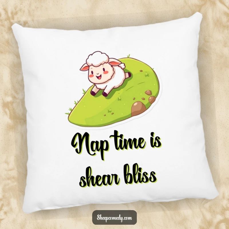 Funny sheep pillow showing a happy sheep character sliding down a stylized grassy hill, representing pure, uninhibited joy and comfort.