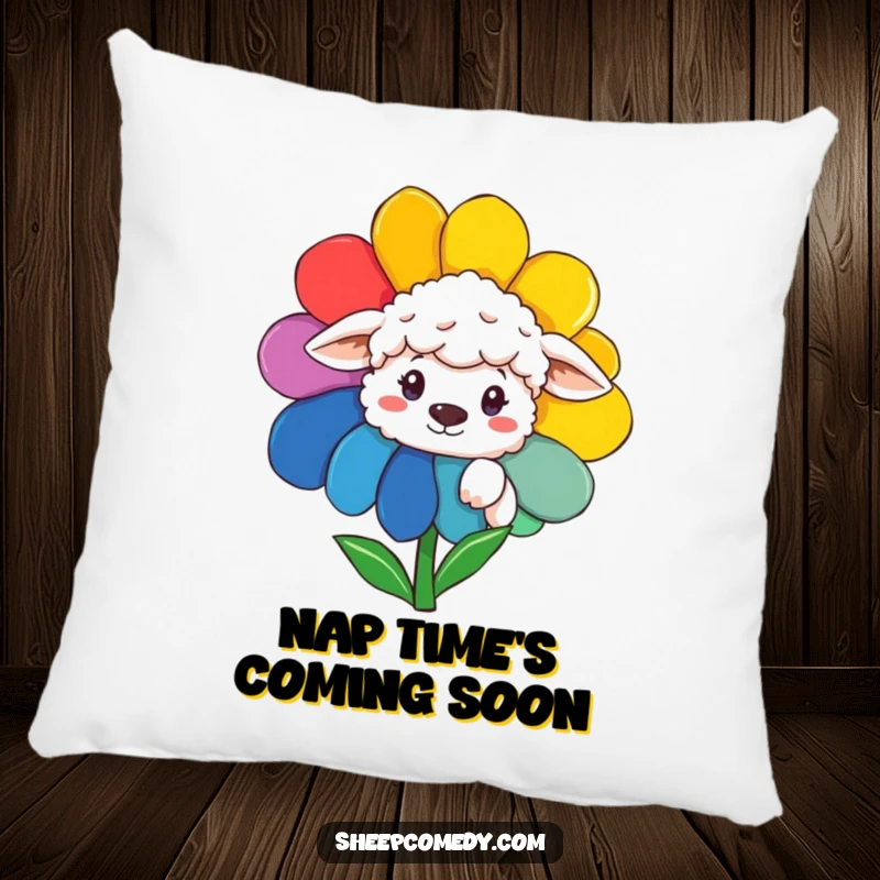 Funny Sheep Pillow: A plush pillow featuring a sheep peeking from a colorful rainbow flower, adding a touch of whimsy.
