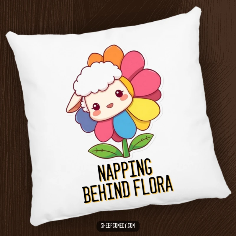 Funny Sheep Pillow showing a sheep curiously peeking from behind a vibrant, rainbow-colored flower, bringing cozy amusement.