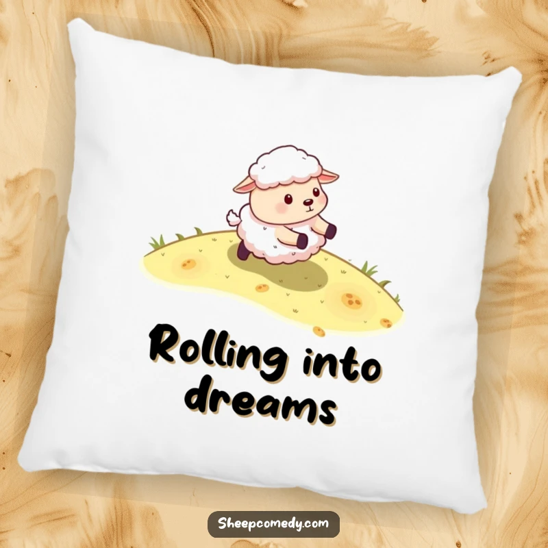 Funny Sheep Pillow: A plush pillow featuring a sheep character energetically rolling down a grassy slope, perfect for relaxation.
