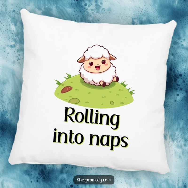 Funny sheep pillow depicting a fluffy character joyfully rolling down a grassy hill, perfect for a humorous accent.