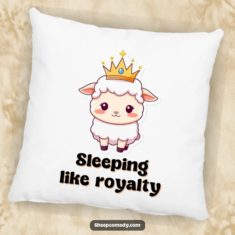 Funny Sheep pillow featuring a cute sheep balancing a small, sparkly crown, looking every bit the queen.
