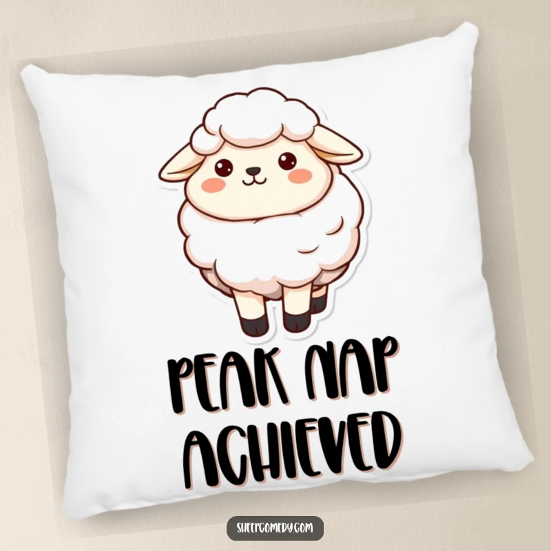 Funny sheep character with a contented smile and invitingly soft wool, making this pillow a perfect cozy addition.