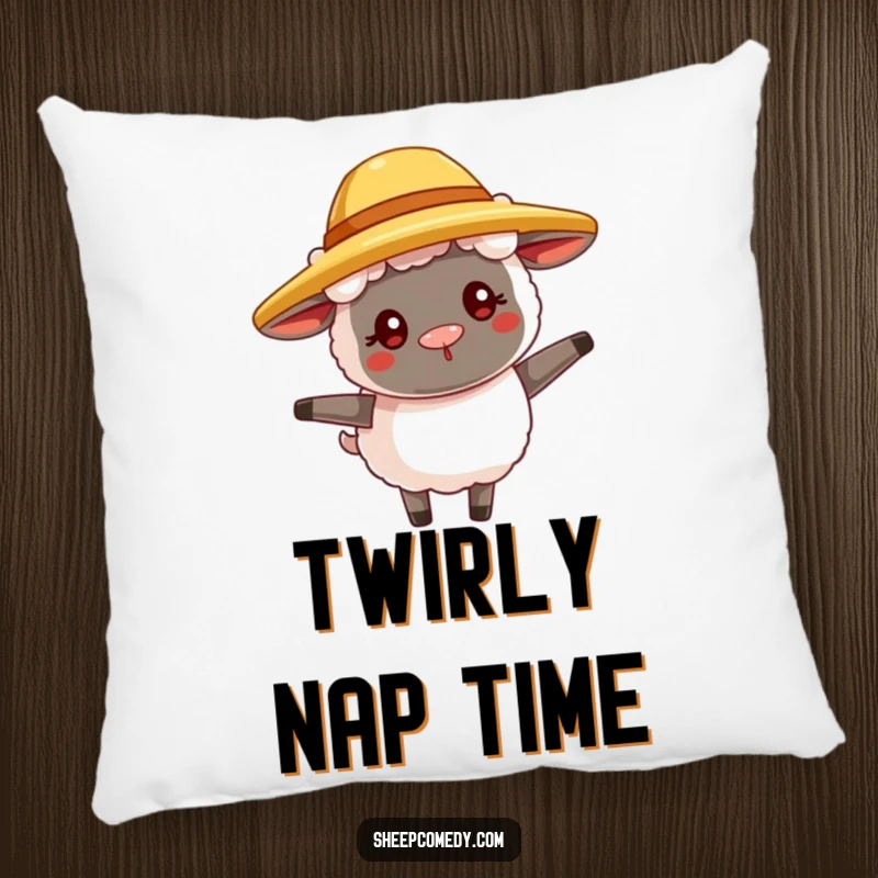 Funny sheep pillow featuring a goofy sheep in a straw hat, happily twirling, soft and whimsical home decor.