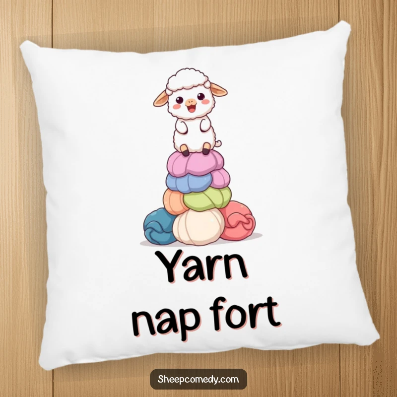 Funny pillow with a delighted sheep character balancing a stack of colorful, giant wool balls, offering comfort with a humorous, crafty touch.