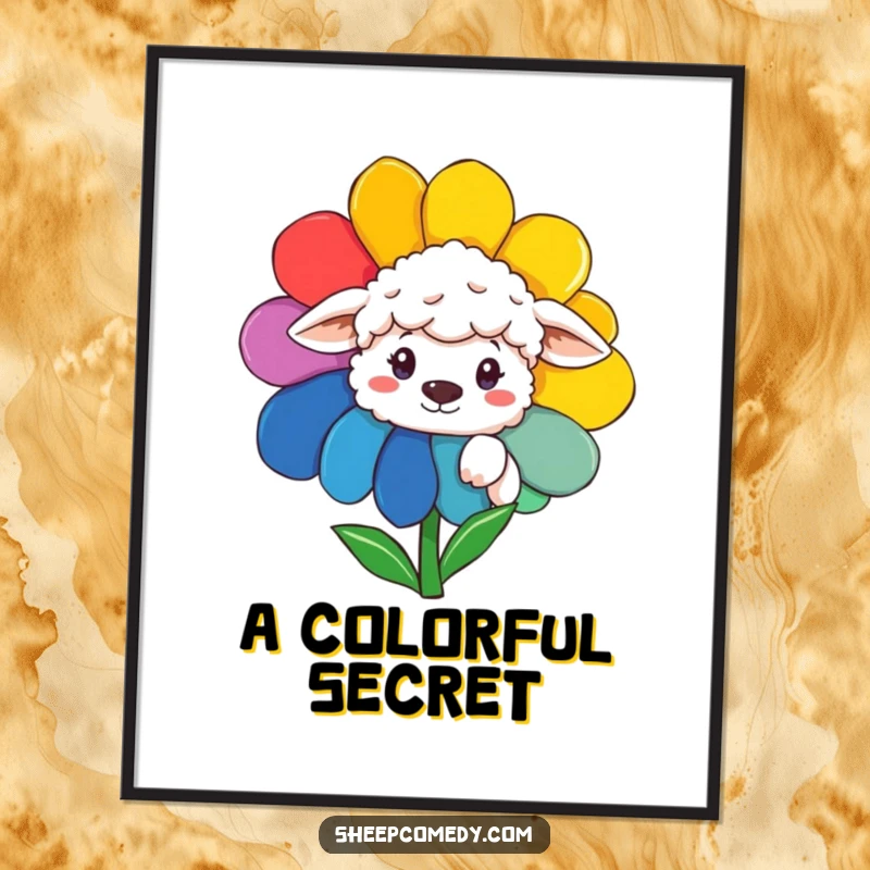 Funny Sheep Digital Art Print: A humorous illustration of a sheep peeking from a vibrant rainbow flower for instant decor.