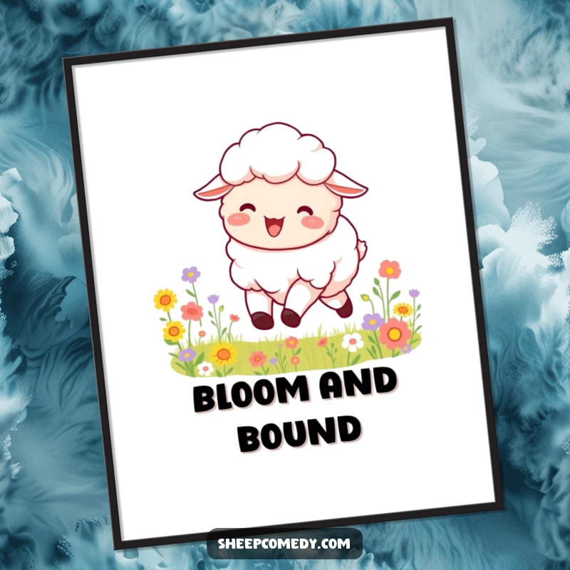 Funny digital art print showing a fluffy sheep bleating with pure joy, happily bounding through a picturesque field abundant with colorful flowers.
