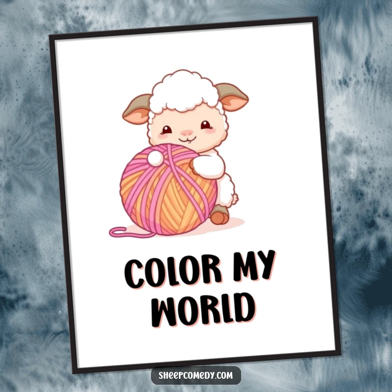 Funny Sheep Digital Art Print: Sheep character happily playing with a giant ball of yarn, instant downloadable whimsical crafting humor.