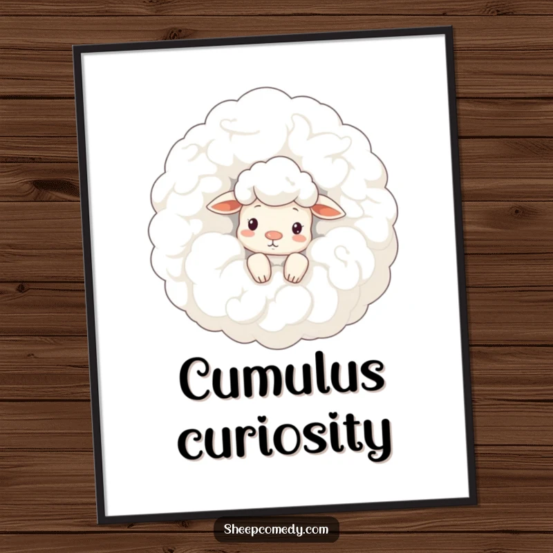 Funny sheep digital art print: a curious sheep peeks from behind a colossal, woolly cloud, creating art full of wonder.