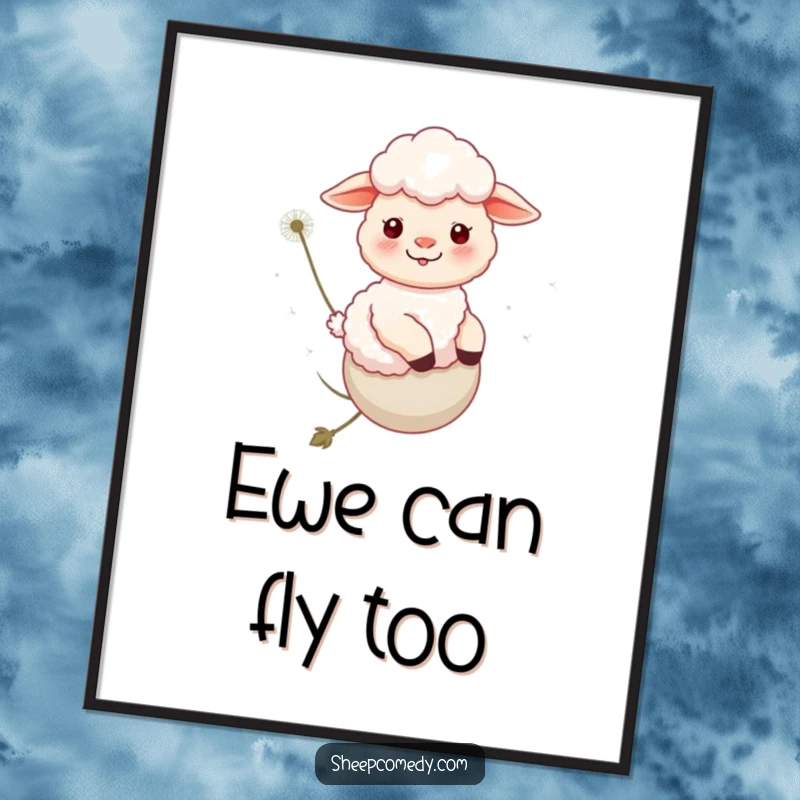 Funny Sheep Digital Art Print: A happy sheep rides a dandelion, offering instant whimsical wall decor and smiles.