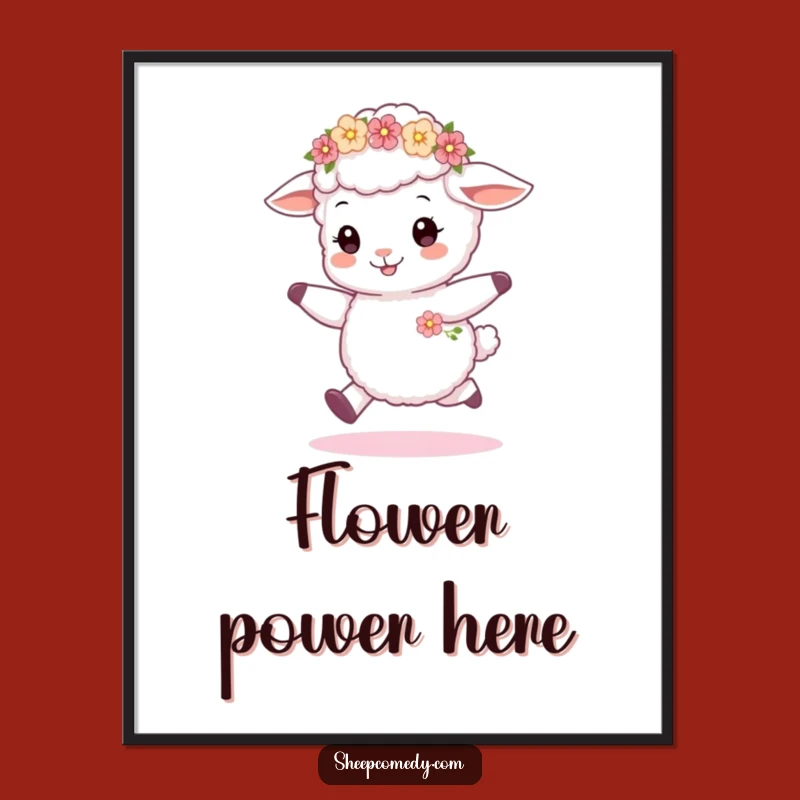 Funny Sheep Cub Skipping Digital Print, Whimsical Flower Wreath Art, Instant Funny Gift