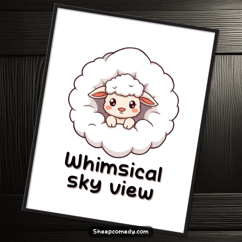 Funny Cloud Sheep Digital Art: Sheep curiously peeking from a giant fluffy cloud, instant downloadable whimsical art.