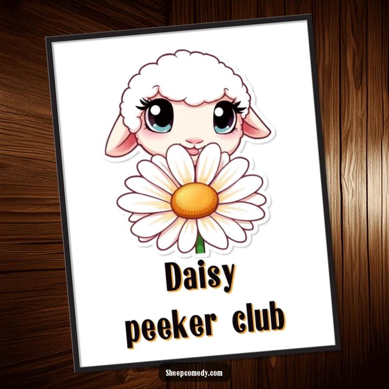 Funny digital art print of a sheep with oversized, curious eyes peeking from behind a large daisy.