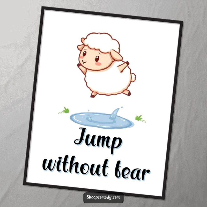 Funny sheep digital art print of a determined sheep hopping over a sparkling puddle, perfect for instant motivational decor.