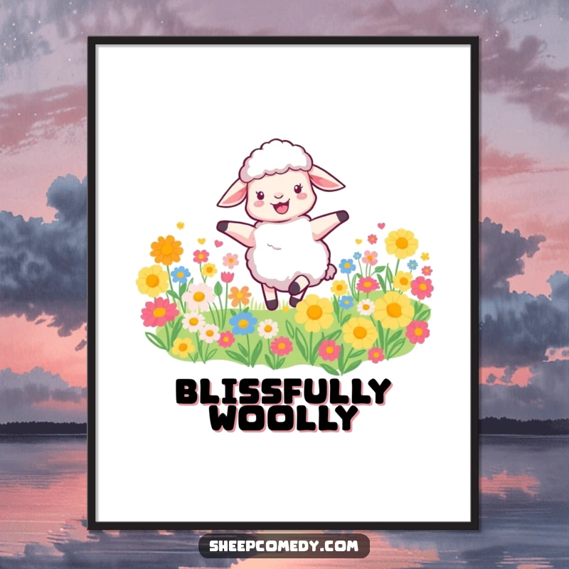 Funny Sheep Digital Art Print shows a joyful sheep dancing in a flower field, ready to be printed and displayed, adding humor and color.