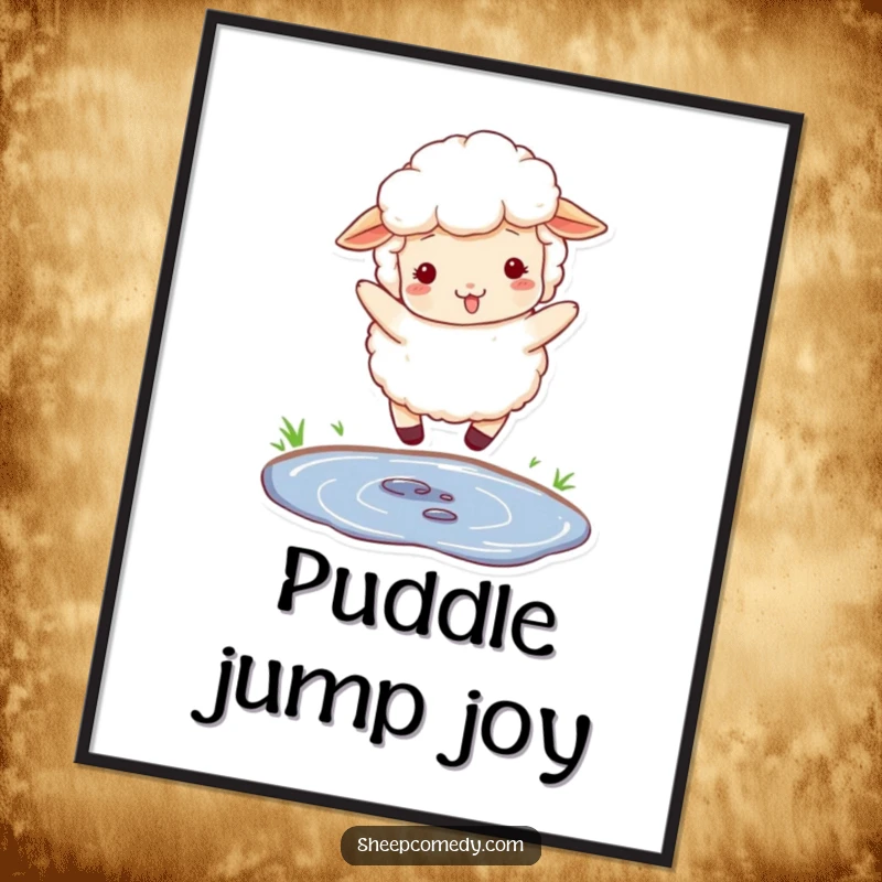 Funny digital art print of a fluffy sheep with woolly texture, playfully jumping over a small puddle.