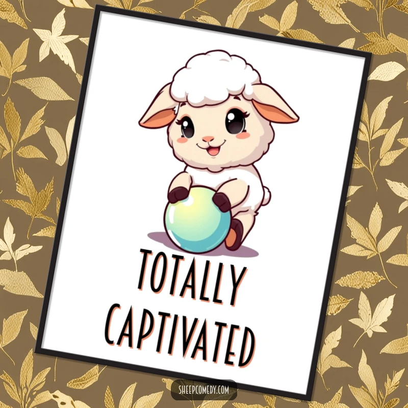 Funny Sheep Digital Art: High-resolution print of a sheep with a delighted expression playing with a shiny ball, full of playful energy.