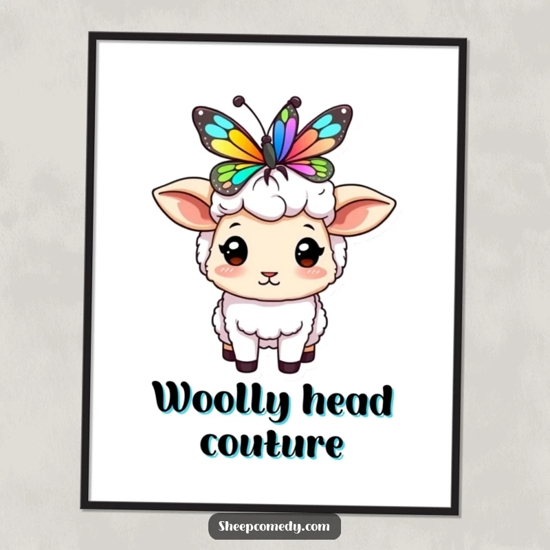 Funny sheep digital art print of a character balancing a colorful butterfly on its head, a serene and whimsical artwork.