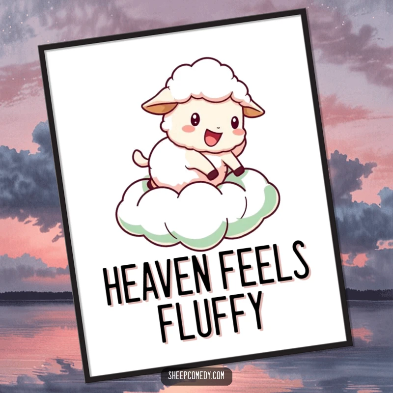 Funny Sheep Digital Art: A sheep character joyfully bouncing on a fluffy green cloud, ideal for printable decor.