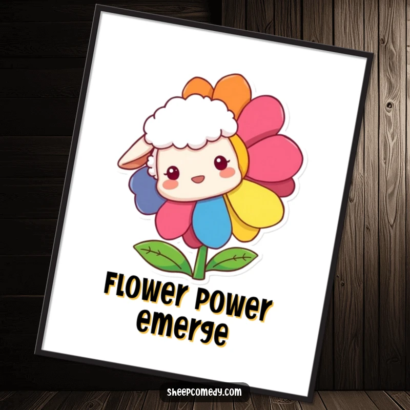 Funny Sheep Digital Art Print of a sheep curiously peeking out from behind a large, rainbow-colored flower, radiating playful charm.