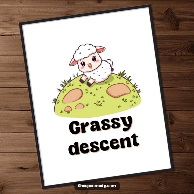 Funny digital art print of a giddy sheep character sliding down a whimsical, grassy hill, ready to infuse any space with pure joy.