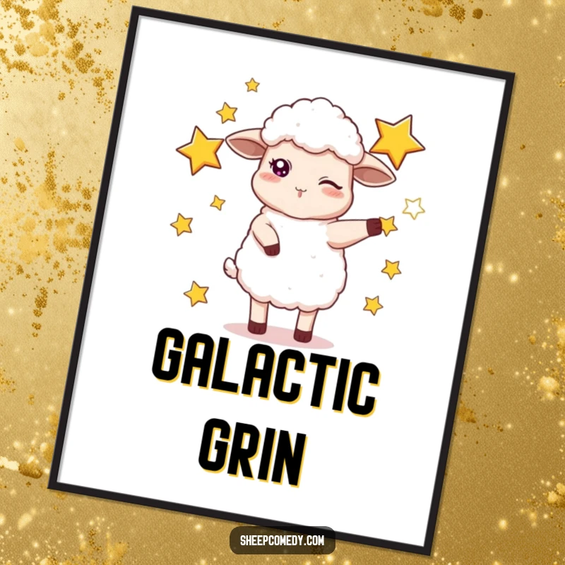 Funny digital art print of a winking sheep juggling oversized, vibrant stars, perfect for humorous home decor.