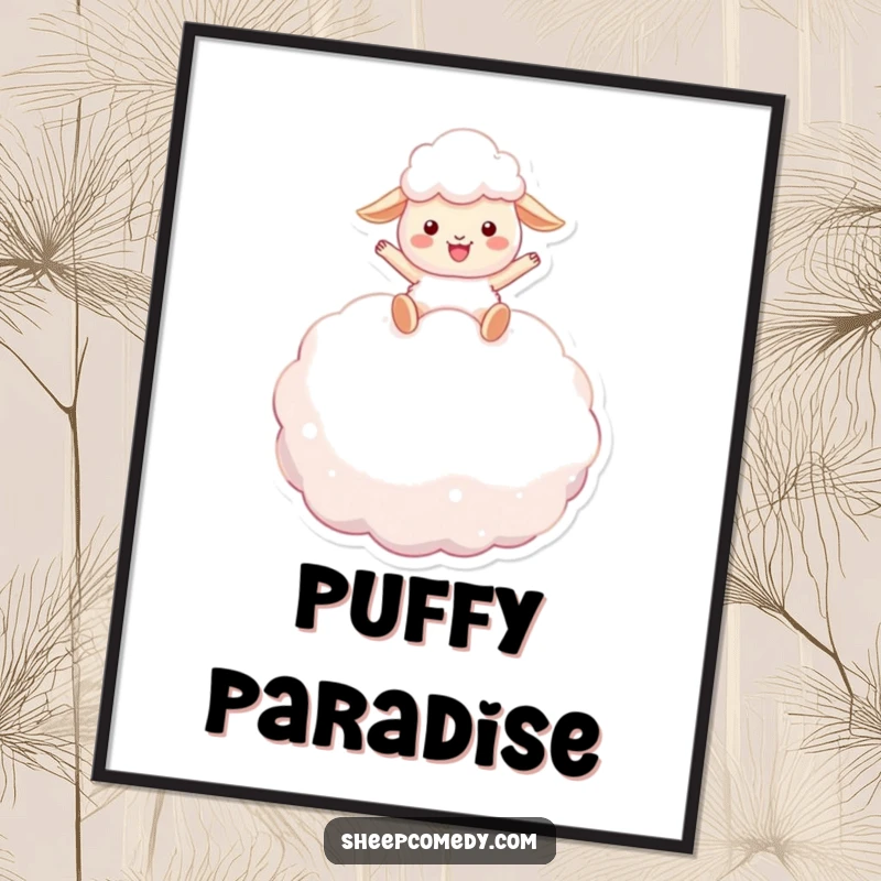 Funny sheep digital art print: a happy sheep character bounces high on a fluffy marshmallow, embodying pure exuberance and fun.