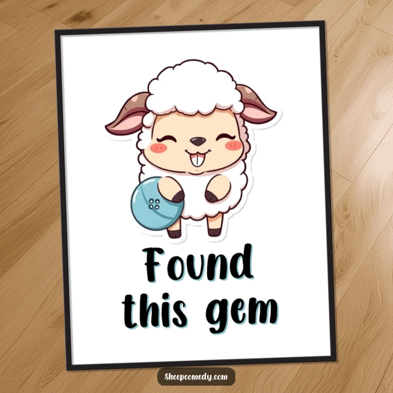 Funny sheep digital art print of a mischievous sheep nudging a lost button, perfect for instant humorous decor.
