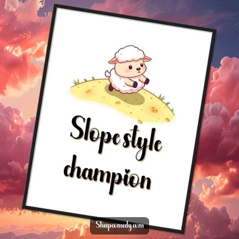 Funny Sheep Digital Art: A sheep character energetically rolling down a grassy slope, ideal for printable decor.