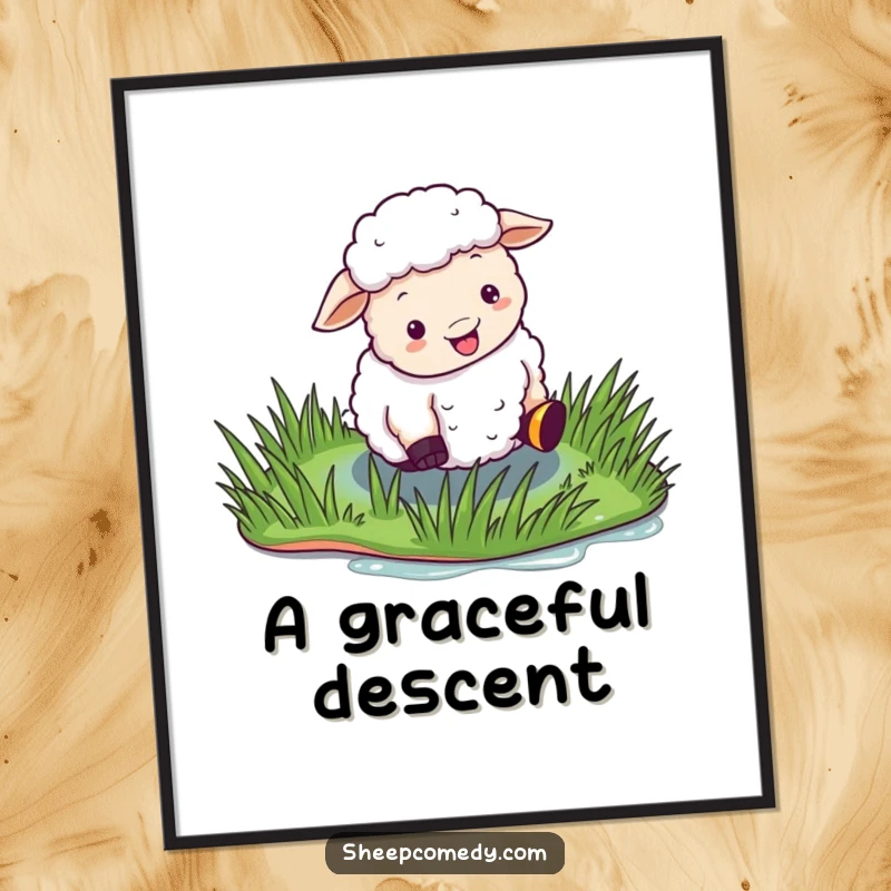 Funny Sheep Digital Art Print of a sheep comically slipping on a patch of shiny, wet grass, radiating pure slapstick humor.