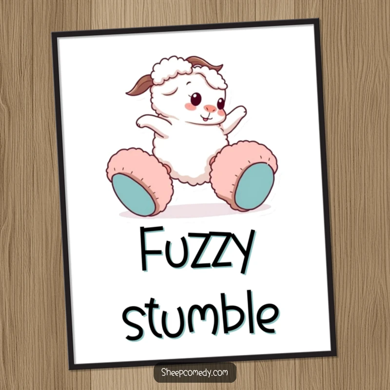 Funny sheep digital art print: a playful sheep character comically trips wearing enormous fuzzy slippers, creating art full of laughter.
