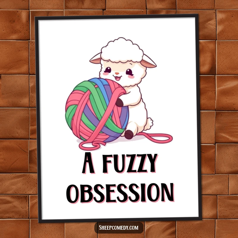 Funny Sheep Digital Art Print of a sheep gleefully playing with a giant, colorful ball of yarn, radiating pure happiness and fun.