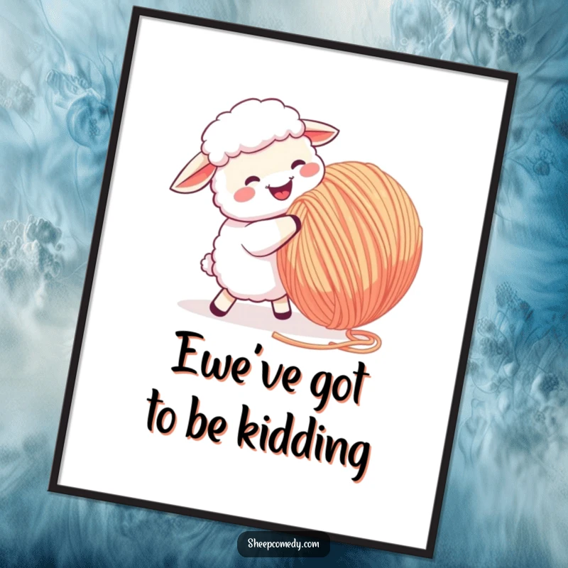 Funny Sheep Digital Art Print: A sheep joyfully butting a giant ball of yarn, offering instant playful wall decor.