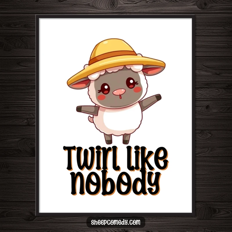 Funny sheep digital art print of a goofy sheep in a straw hat, twirling joyfully, perfect for instant whimsical decor.