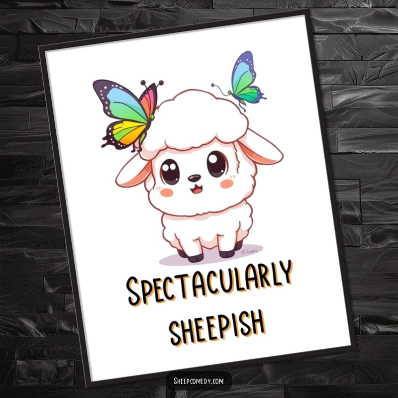 Funny sheep digital art print showing a sheep with wide eyes staring at a rainbow butterfly, perfect for instant magical wall decor.