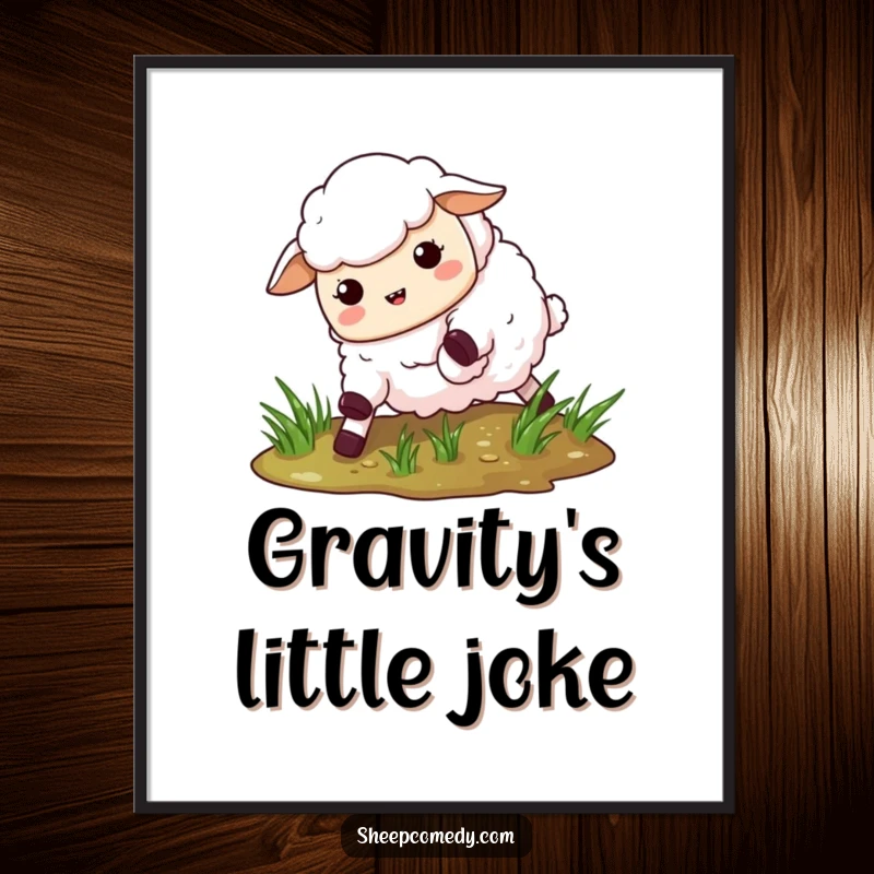 Funny Slipping Sheep Digital Art Print: Humorous art of a sheep comically slipping on wet grass for instant wall decor.