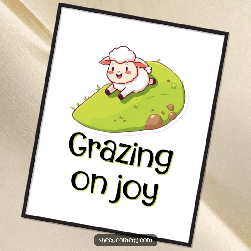 Funny sheep digital art print of a happy sheep character sliding with glee down a stylized grassy hill, vibrant and humorous.