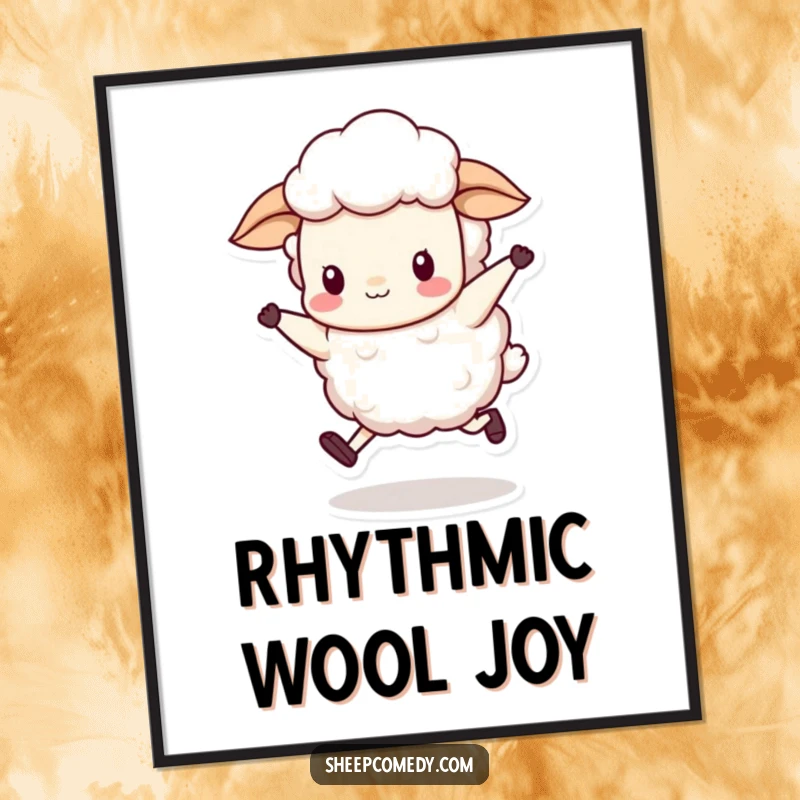 Funny sheep character doing a silly skip with wool bobbing rhythmically, perfect for digital art prints.