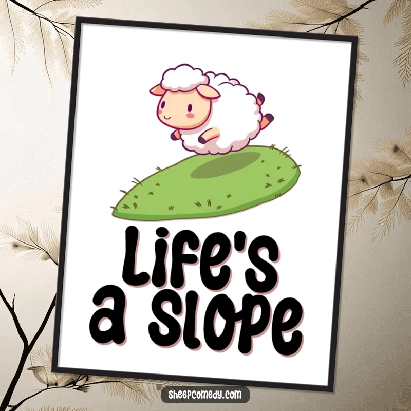 Funny Sheep Digital Art Print: Sheep character energetically rolling down a grassy slope, instant downloadable humorous artwork.