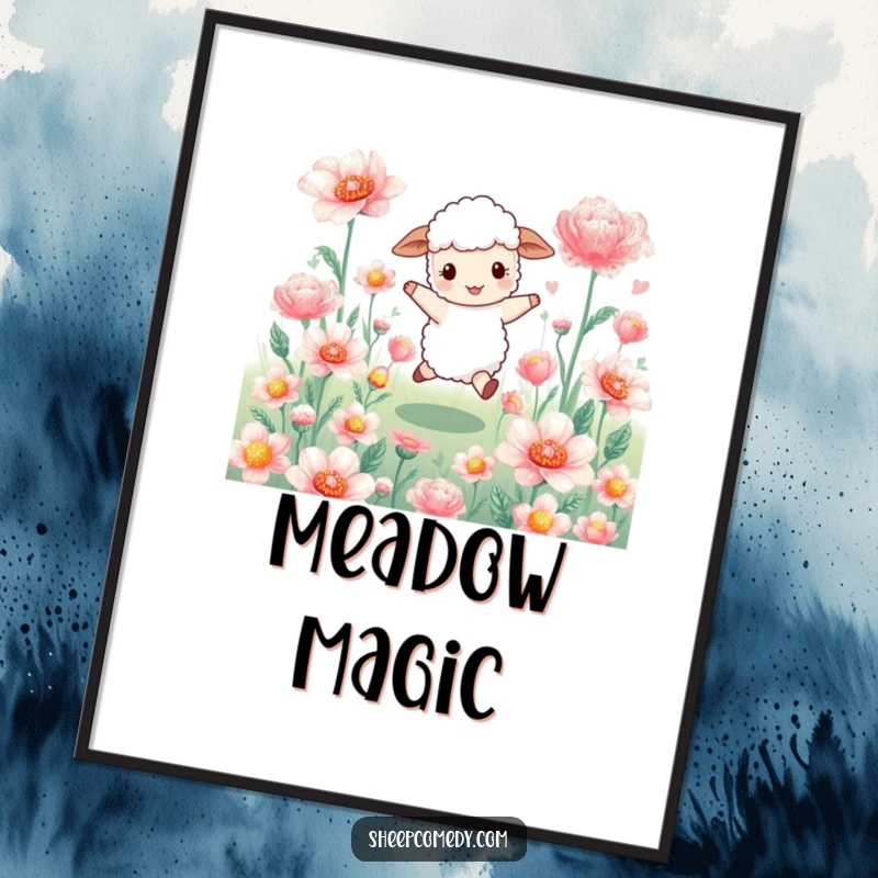 Funny sheep digital art print: a happy sheep character skips joyfully through a field of enormous, shimmering flowers, creating vibrant art.