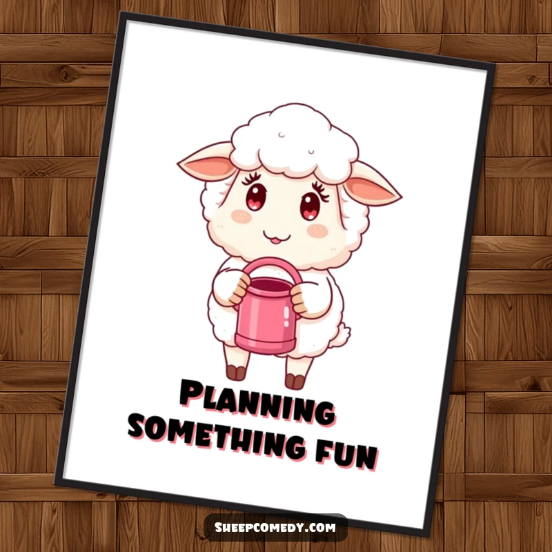 Funny Sheep Digital Art: High-resolution print of a sheep with a mischievous twinkle holding a small watering can, ready for fun.