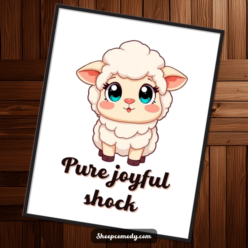 Funny digital art print capturing a sheep with wide, amazed eyes gazing at a spectacular rainbow, creating an instant feeling of joy.