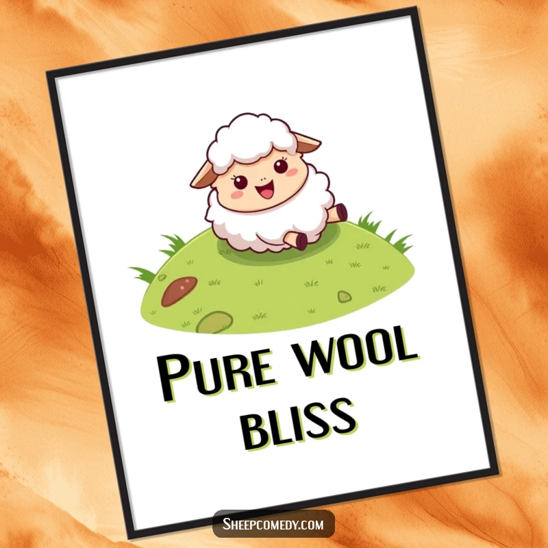 Funny sheep digital art print of a fluffy character joyfully rolling down a grassy hill, a burst of animated happiness.