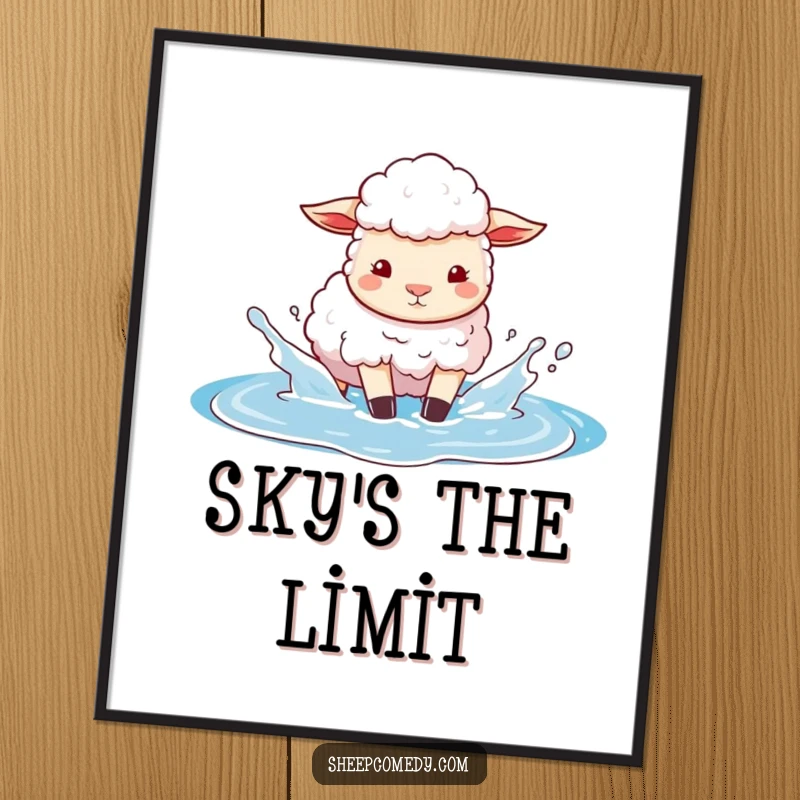 Funny digital art print of a sheep playfully splashing in a puddle of bright blue sky, bringing whimsical and imaginative charm digitally.