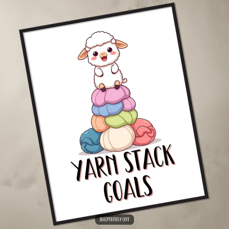 Funny digital art print of a delighted sheep balancing a stack of colorful, giant wool balls, ready to add crafty humor.